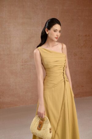 A-line-Asymmetric-Neck-Raw-Fabric-Ankle-Length-Dress-DeNio-alleiz-1