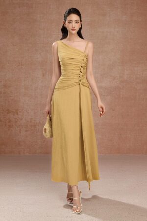 A-line-Asymmetric-Neck-Raw-Fabric-Ankle-Length-Dress-DeNio-alleiz