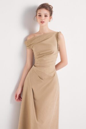 A-line-Asymmetric-Sleeved-Khaki-Silk-Ankle-Length-Dress-DeNio-alleiz-1