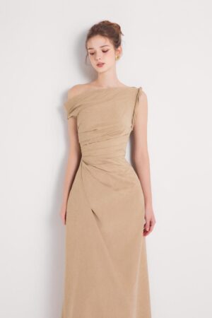 A-line-Asymmetric-Sleeved-Khaki-Silk-Ankle-Length-Dress-DeNio-alleiz-2