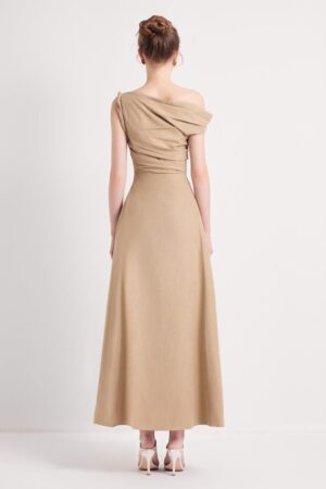 A-line-Asymmetric-Sleeved-Khaki-Silk-Ankle-Length-Dress-DeNio-alleiz-3