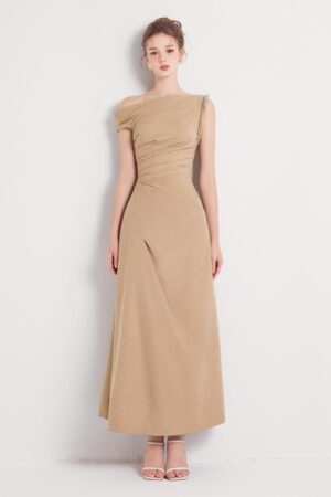 A-line-Asymmetric-Sleeved-Khaki-Silk-Ankle-Length-Dress-DeNio-alleiz