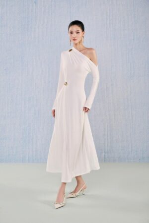 A-line-Asymmetric-Sleeved-Viscose-Ankle-Length-Dress-White-Plan-alleiz-3