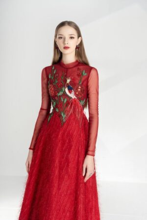 A-line-Flower-Applique-Silk-Ankle-Length-Dress-Happy-Clothing-alleiz-1