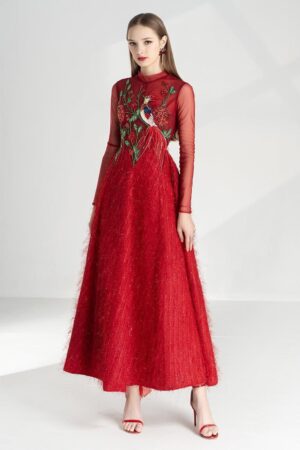 A-line-Flower-Applique-Silk-Ankle-Length-Dress-Happy-Clothing-alleiz