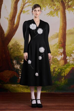 A-line-Leg-Of-Mutton-Sleeved-Taffeta-Midi-Dress-Rosee-de-Matin-alleiz