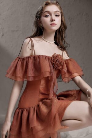 Drop-Waist-Cold-Shoulder-Sleeved-Silk-Mini-Dress-Delicate-alleiz-1