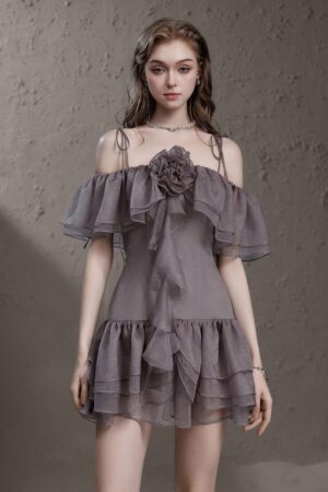 Drop-Waist-Cold-Shoulder-Sleeved-Silk-Mini-Dress-Delicate-alleiz-7