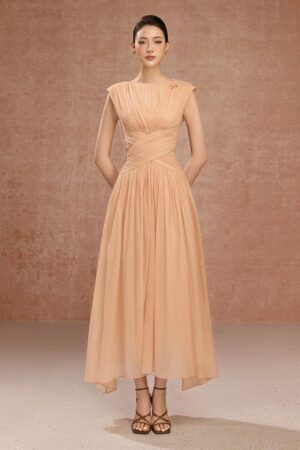 Gathered-Boat-Neck-Pearl-Foam-Voile-Ankle-Length-Dress-DeNio-alleiz