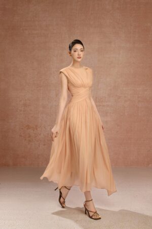 Gathered-Boat-Neck-Pearl-Foam-Voile-Ankle-Length-Dress-DeNio-alleiz-4