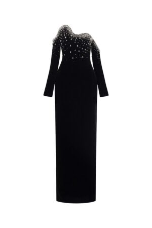 Sheath-Asymmetric-Neck-Velvet-Floor-Length-Dress-TRACY-STUDIO-alleiz