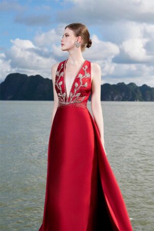 Sheath-Plunge-Neck-Taffeta-Floor-Length-Dress-TRACY-STUDIO-alleiz-1