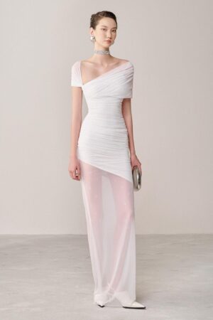 Gathered-Diagonal-Neck-Organza-Spandex-Maxi-Dress-White-Plan-alleiz