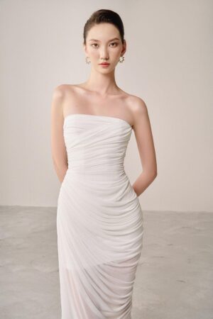 Strapless-Gathered-Organza-Spandex-Maxi-Dress-White-Plan-alleiz-1