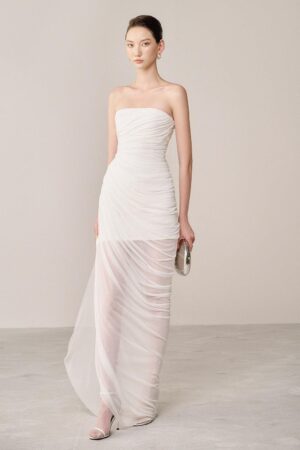 Strapless-Gathered-Organza-Spandex-Maxi-Dress-White-Plan-alleiz